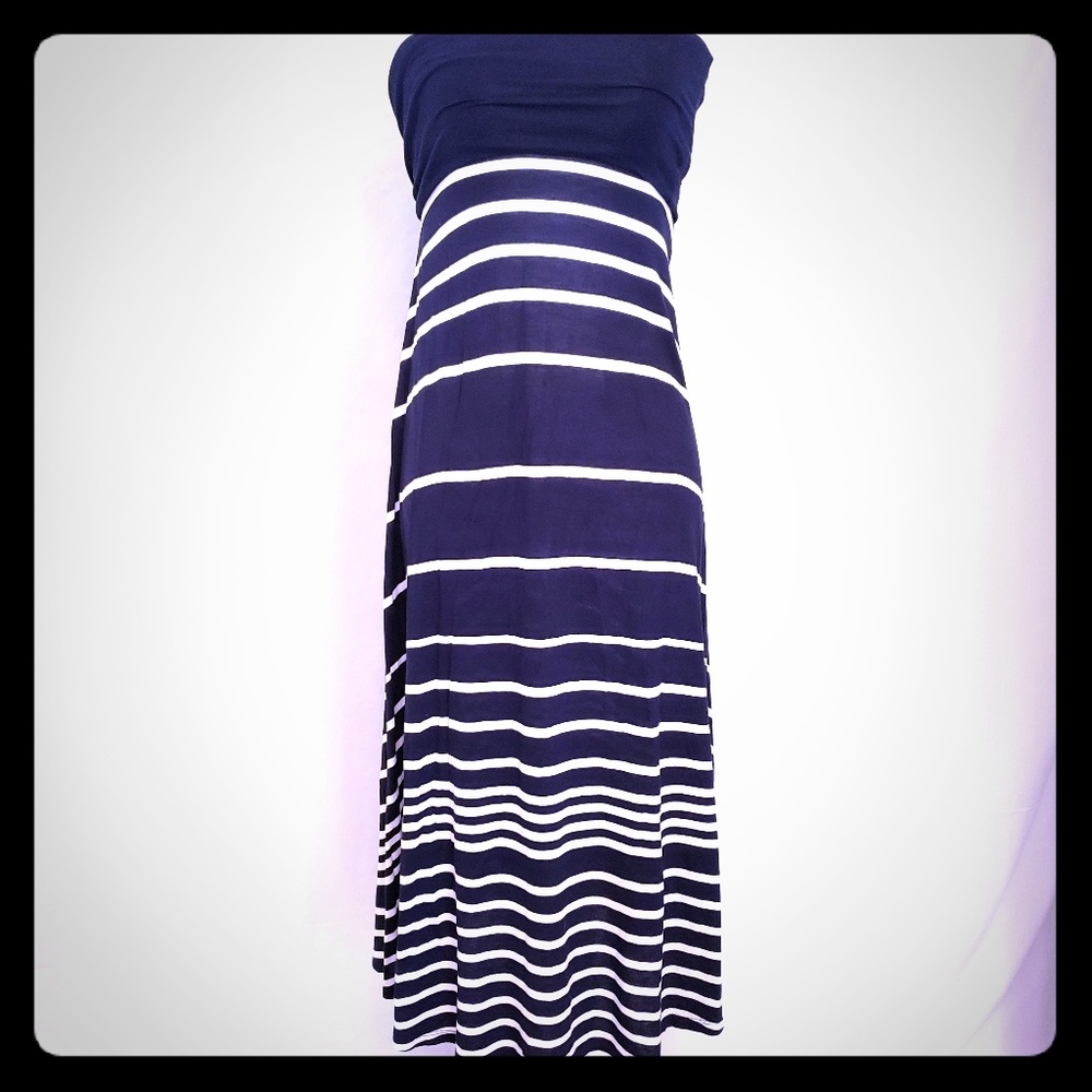 INC Strapless Maxi Dress Blue/White Stripes